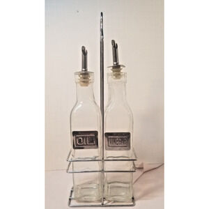 Oil and Vinegar Bottle Cruet Set with Wire Caddy 8.5 oz. Green tint Glass